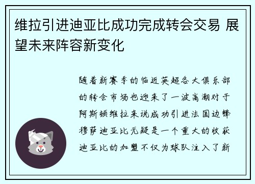 维拉引进迪亚比成功完成转会交易 展望未来阵容新变化
